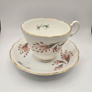 Vintage Marlborough Bone China Cup Saucer Set Gold Trim Peacock Feather Made In